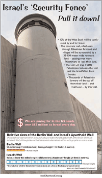 Poster showing the towering wall that Israel is building through Palestinian towns and villages.