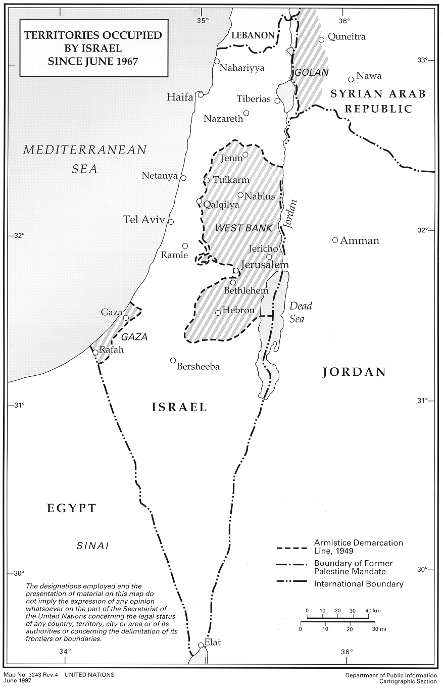 Map of Palestinian, Egyptian, and Syrian lands occupied by Israel in 1967. The Palestinian West Bank and Gaza Strip, and the Syrian Golan Heights are all still under occupation. Click here for larger map.