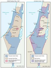 Map of Israel, the West Bank, and Gaza following the 1948 war.