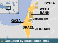 Map of Israel, West Bank, and Gaza, the pre-1967 borders.